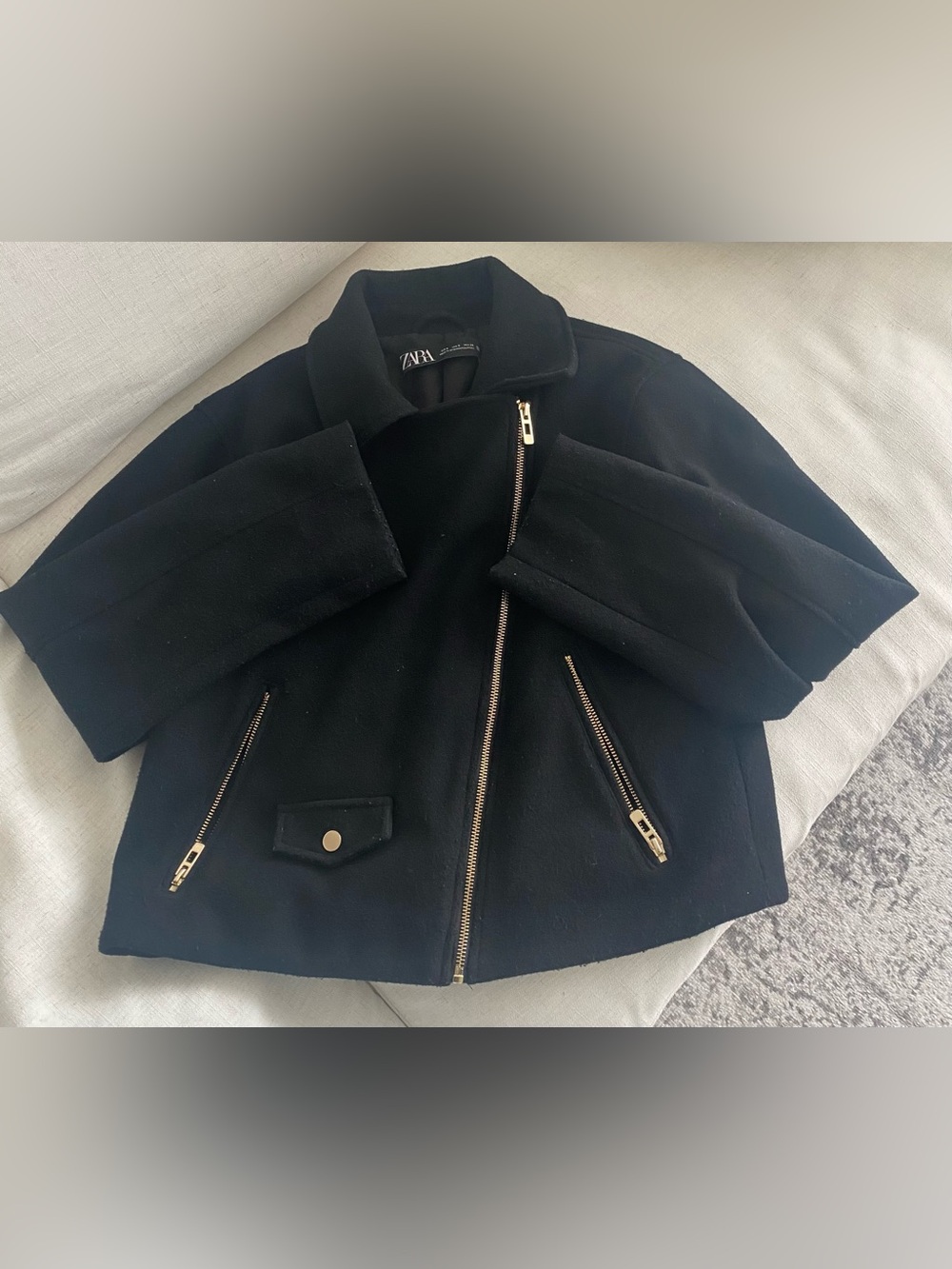 Zara Black Wool-Blend Asymmetric Zip Peacoat with Gold Hardware